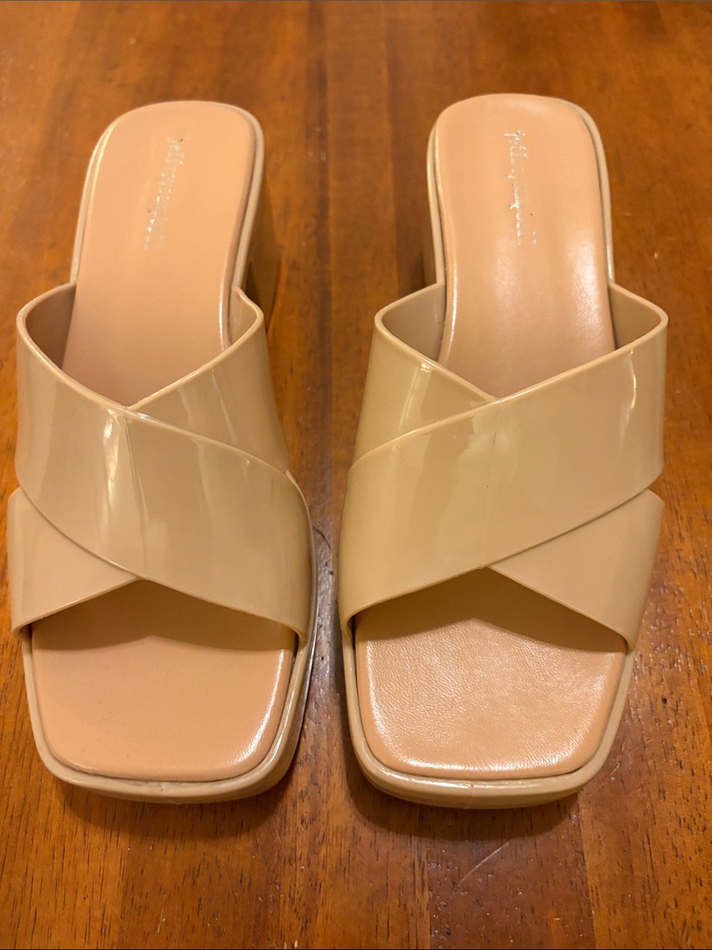 Jeffrey Campbell Beige Patent Crisscross Slide Mules
